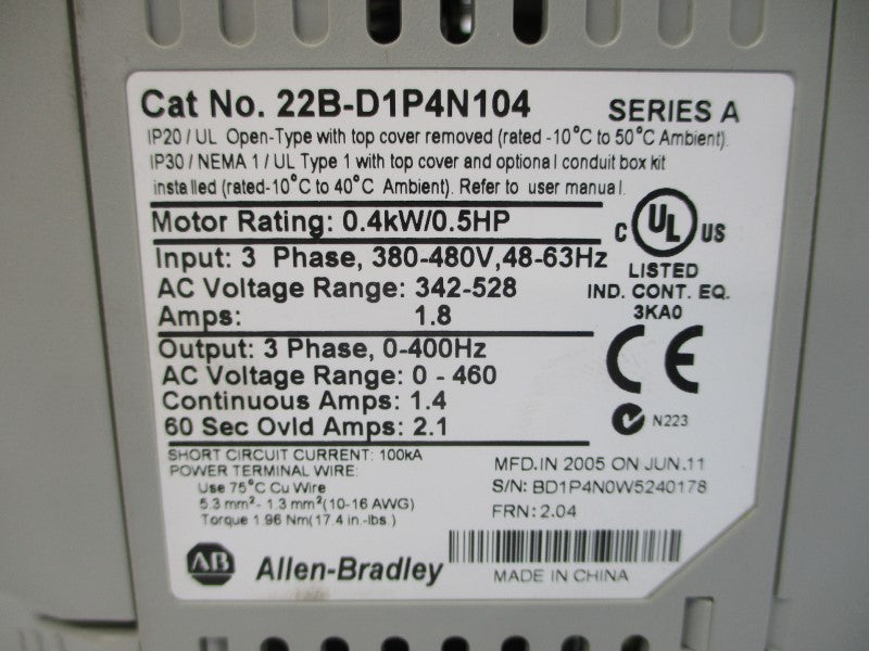ALLEN BRADLEY 22B-D1P4N104 SER. A F/W 2.04 380-480VAC 1.8A NSMP