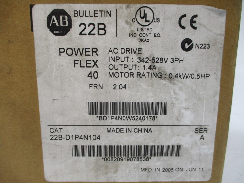 ALLEN BRADLEY 22B-D1P4N104 SER. A F/W 2.04 380-480VAC 1.8A NSMP