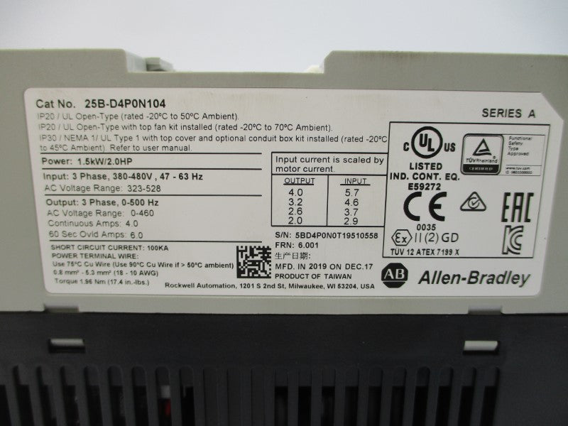 ALLEN BRADLEY 25B-D4P0N104 SER. A F/W 6.001 380-480VAC 4.0A NSMP