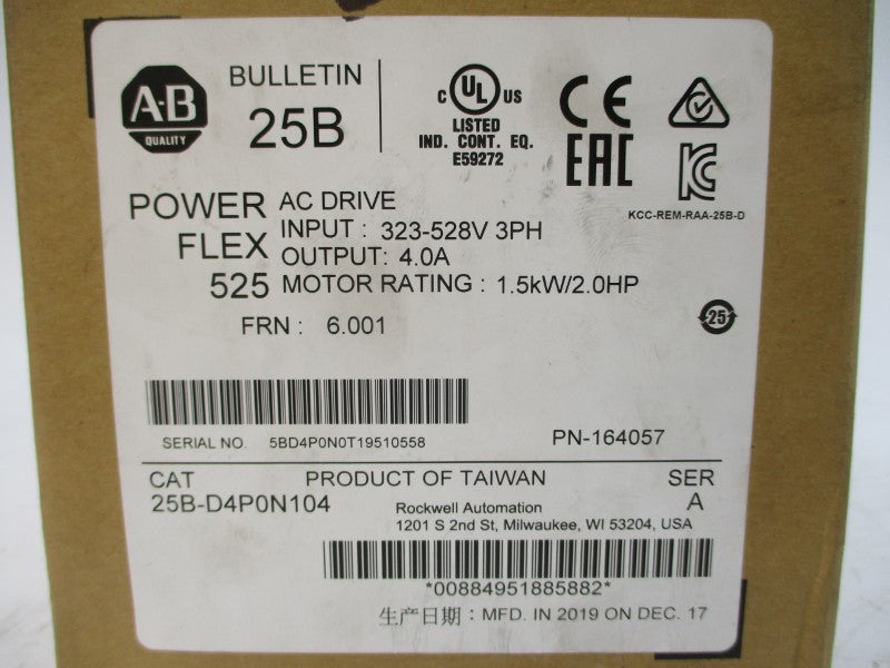 ALLEN BRADLEY 25B-D4P0N104 SER. A F/W 6.001 380-480VAC 4.0A NSMP