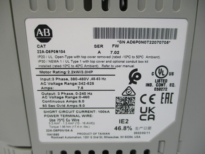 ALLEN BRADLEY 22A-D6P0N104 SER. A F/W 7.02 342-528AC 7.5A NSNP