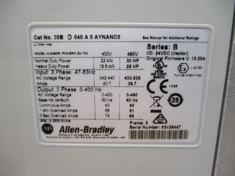 ALLEN BRADLEY 20BD040A0AYNANC0 SER. B F/W 10.004 480VAC 40A NSMP