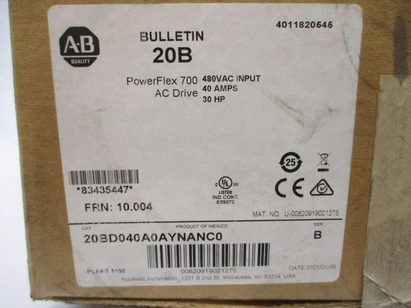 ALLEN BRADLEY 20BD040A0AYNANC0 SER. B F/W 10.004 480VAC 40A NSMP