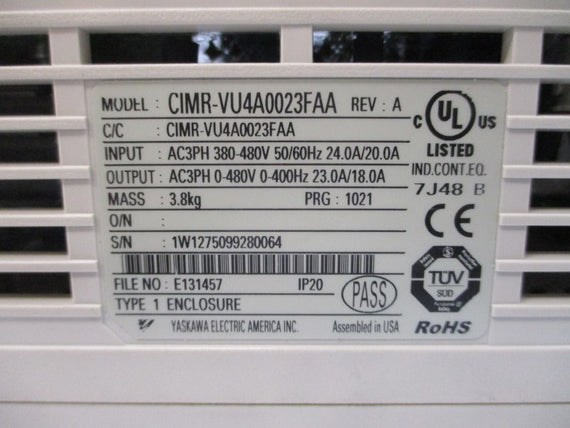 YASKAWA ELECTRIC CIMR-VU4A0023FAA 380-480VAC 24.0/20.0A NSMP