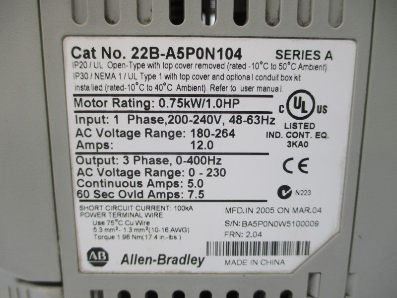 ALLEN BRADLEY 22B-A5P0N104 SER. A F/W 2.04 200-240VAC 12.0A NSNP