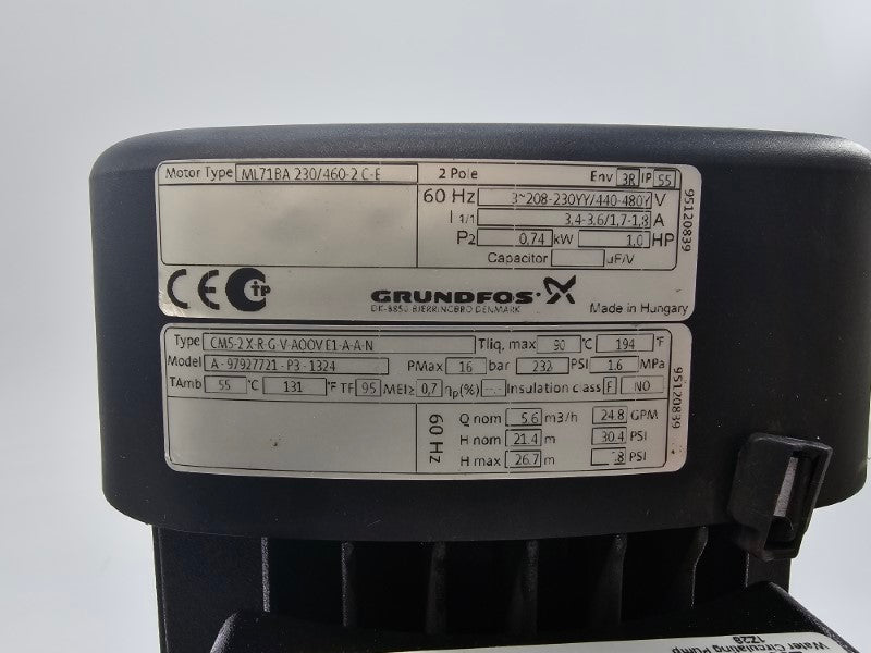 GRUNDFOS ML71BA C-97897140-P2-1323 A-97927721-P3-1324 480V 1.8A 232PSI NSNP