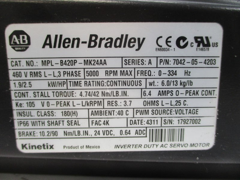 ALLEN BRADLEY MPL-B420P-MK24AA SER. A 460VAC 6.4A UNMP