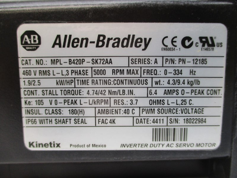 ALLEN BRADLEY MPL-B420P-SK72AA SER. A 460VAC 6.4A NSMP