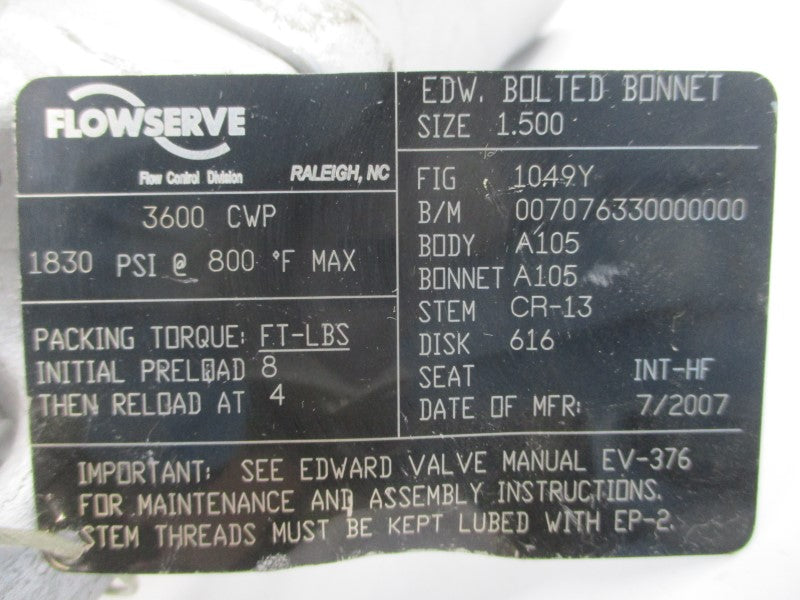 FLOWSERVE 1049Y 007076330000000 1830PSI 1.500" UNMP