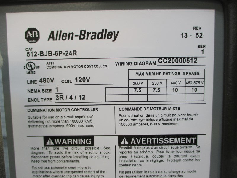 ALLEN BRADLEY 512-BJB-6P-24R SER. 1 110/115-120V REV. 13-52 (BR/WH) NSMP