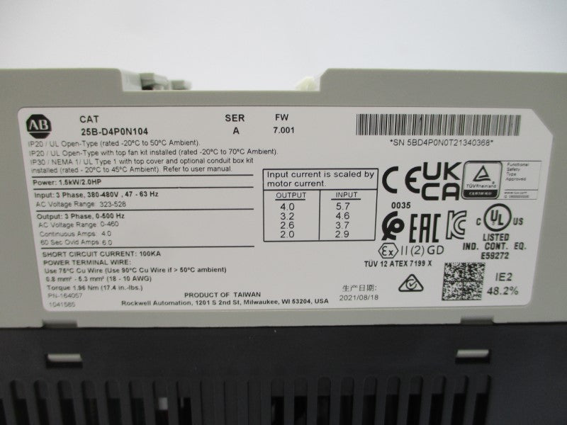 ALLEN BRADLEY 25B-D4P0N104 SER. A F/W 7.001 323-528VAC 5.7-2.9A NSMP