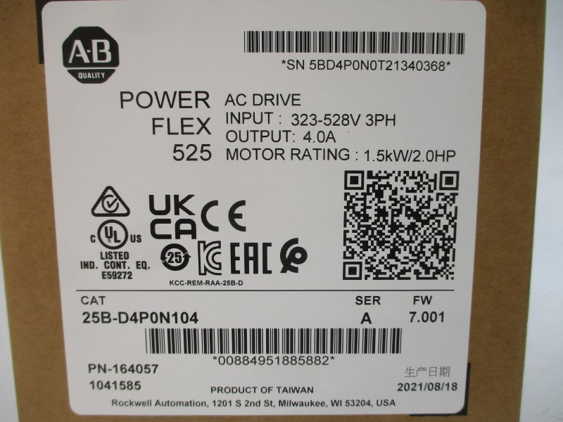 ALLEN BRADLEY 25B-D4P0N104 SER. A F/W 7.001 323-528VAC 5.7-2.9A NSMP