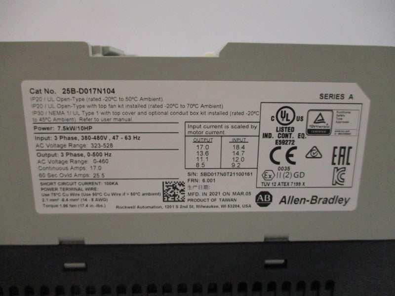ALLEN BRADLEY 25B-D017N104 SER. A F/W 6.001 380-480VAC 17.0A NSMP
