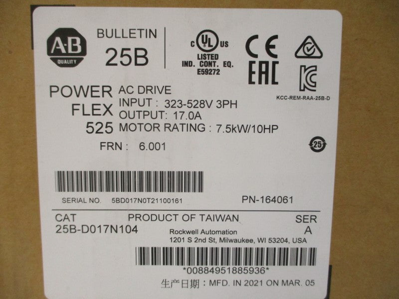 ALLEN BRADLEY 25B-D017N104 SER. A F/W 6.001 380-480VAC 17.0A NSMP