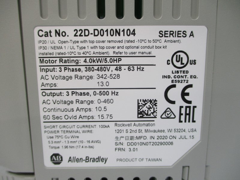 ALLEN BRADLEY 22D-D010N104 SER. A F/W 3.01 380-480VAC 13.0A NSMP