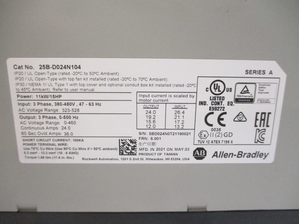 ALLEN BRADLEY 25B-D024N104 SER. A F/W 6.001 380-480VAC 24.0A NSMP