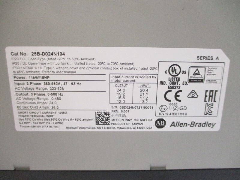 ALLEN BRADLEY 25B-D024N104 SER. A F/W 6.001 380-480VAC 24.0A NSMP
