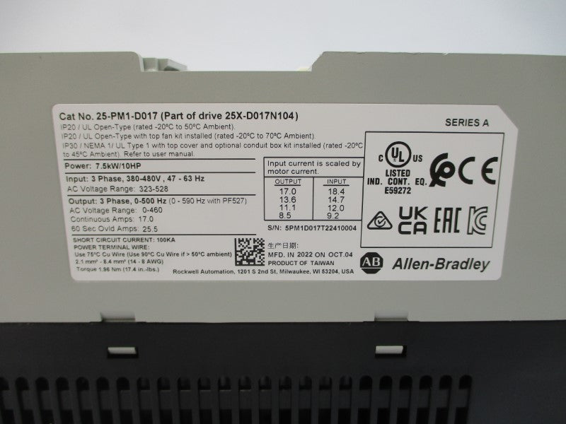 ALLEN BRADLEY 25-PM1-D017 SER. A 380-480VAC 17.0A NSMP