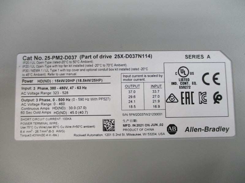 ALLEN BRADLEY 25-PM2-D037 SER. A 380-480VAC 37.0A NSMP