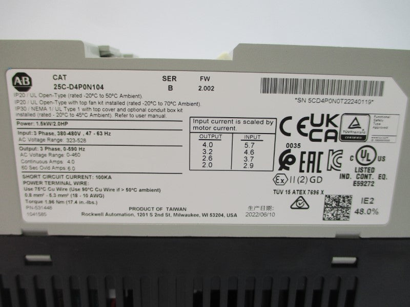 ALLEN BRADLEY 25C-D4P0N104 SER. B F/W 2.002 380-480VAC 4.0A NSMP