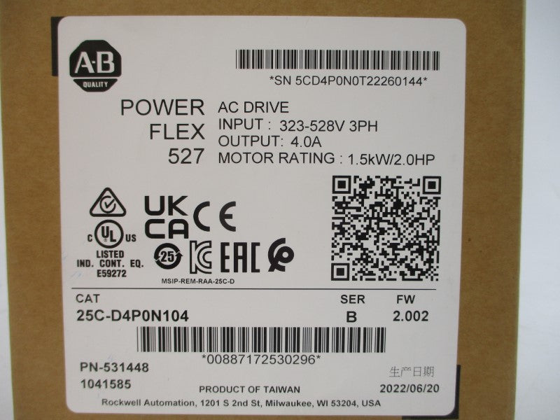 ALLEN BRADLEY 25C-D4P0N104 SER. B F/W 2.002 380-480VAC 4.0A NSMP