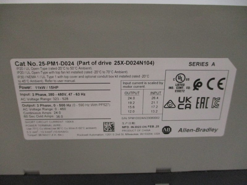 ALLEN BRADLEY 25-PM1-D024 SER. A 380-480VAC 24.0A NSMP