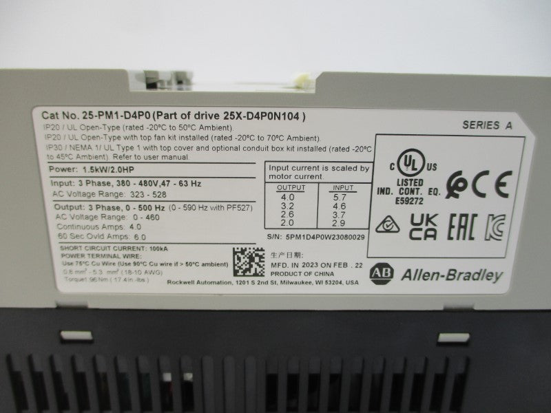 ALLEN BRADLEY 25-PM1-D4P0 SER. A 380-480VAC 4.0A NSMP