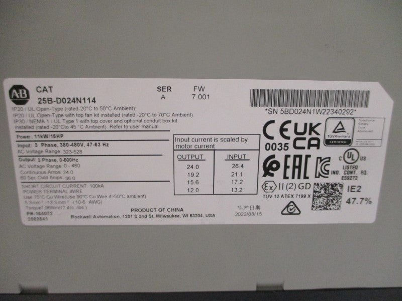 ALLEN BRADLEY 25B-D024N114 SER. A F/W 7.001 380-480VAC 24.0A NSMP
