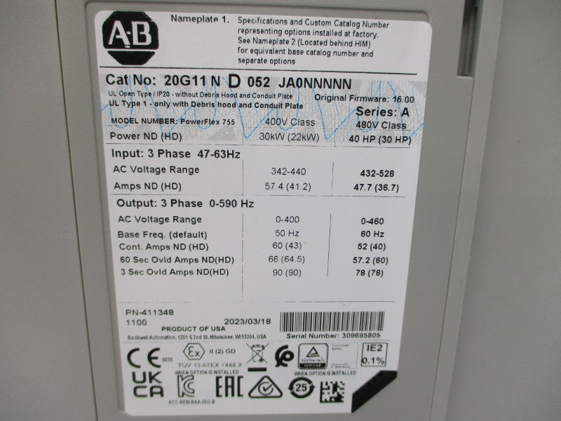 ALLEN BRADLEY 20G11ND052JA0NNNNN SER. A F/W 16.00 480VAC 47.7A NSNP