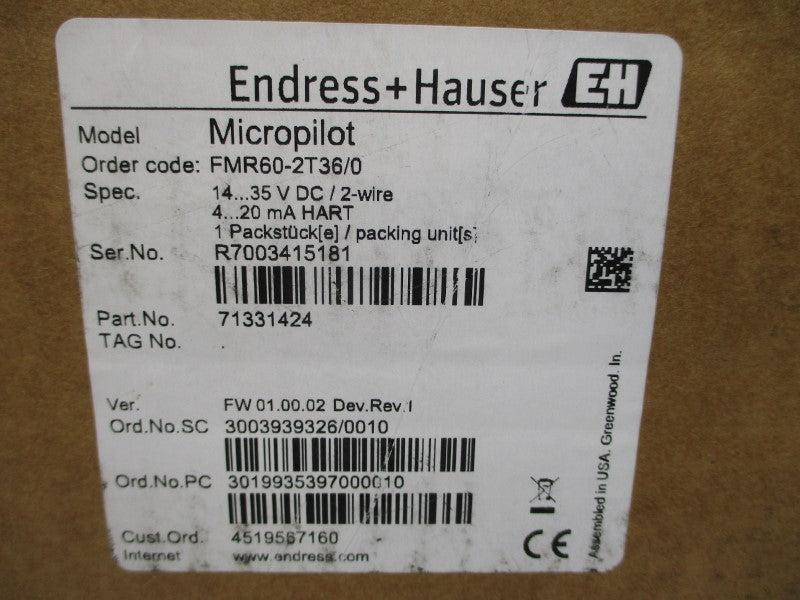 ENDRESS+HAUSER FMR60-2T36/0 71331424 14-35VDC 43PSI REV. 1 NSMP