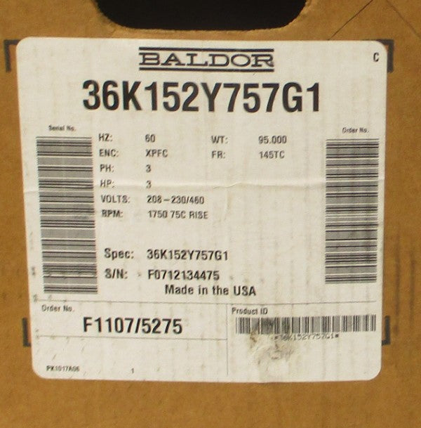 BALDOR 36K152Y757G1 208-230/460V 8.4-6.2/4.1A NSMP