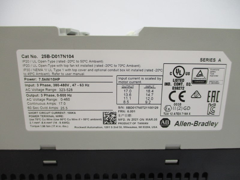 ALLEN BRADLEY 25B-D017N104 SER. A F/W 6.001 380-480VAC 17.0A NSMP