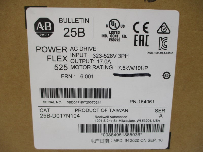 ALLEN BRADLEY 25B-D017N104 SER. A F/W 6.001 380-480VAC 17.0A NSMP