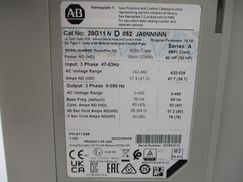 ALLEN BRADLEY 20G11ND052JA0NNNNN SER. A F/W 14.00 480VAC 47.7A (AS PICTURED) NSNP