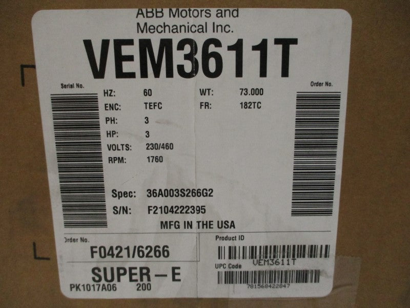 BALDOR VEM3611T 36A003S266G2 230/460V 8.4/4.2A NSMP