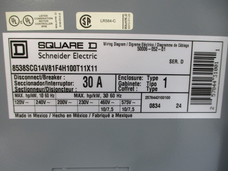SQUARE D 8538SCG14V81F4H100T11X11 SER. D 120VAC 30A NSMP