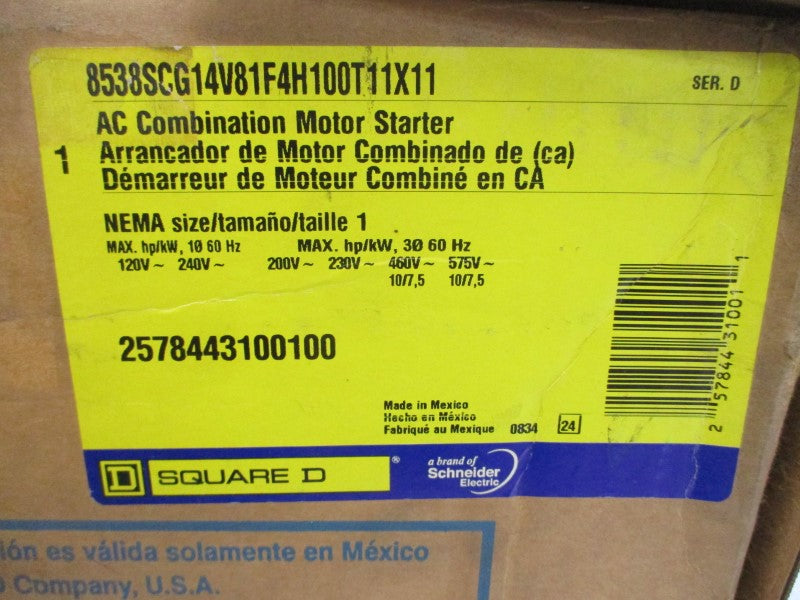 SQUARE D 8538SCG14V81F4H100T11X11 SER. D 120VAC 30A NSMP