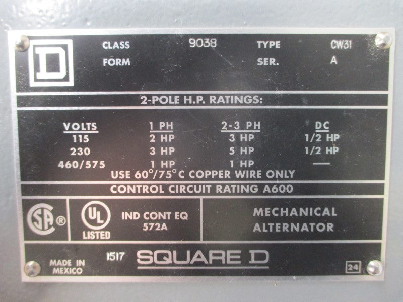 SQUARE D 9038CW31 SER. A 460/575V NSMP