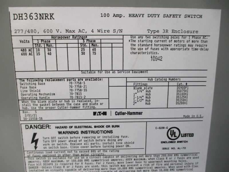 EATON DH363NRK 600VAC 100A NSNP