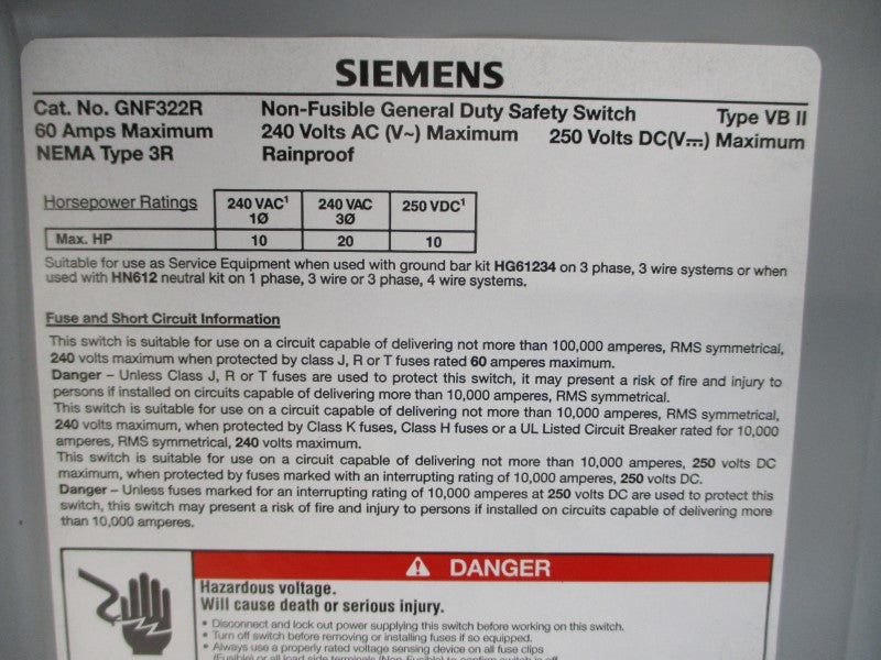 SIEMENS GNF322R 240VAC 60A NSNP