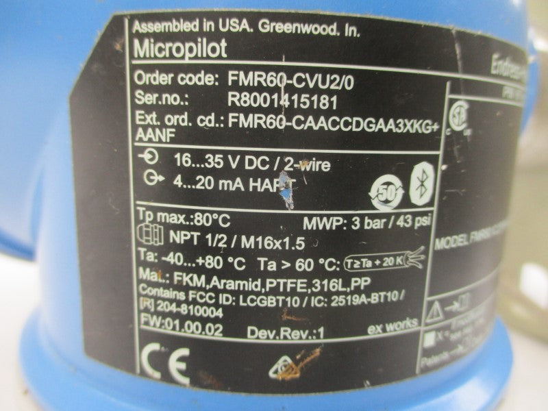 ENDRESS+HAUSER FMR60-CVU2/0 16-35VDC 43PSI REV. 1 UNMP