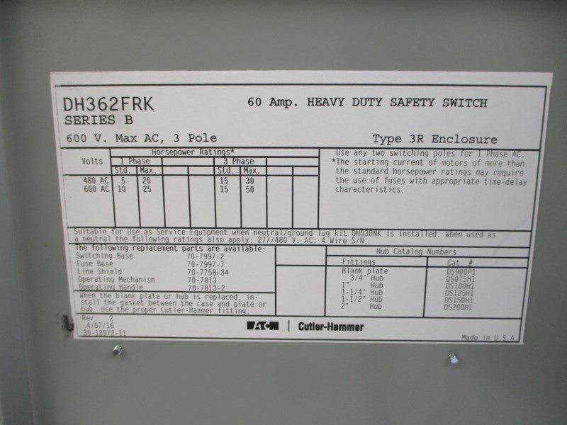 CUTLER HAMMER DH362FRK SER. B NSMP