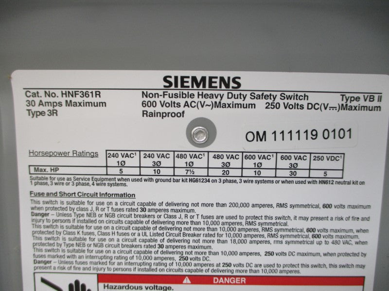 SIEMENS HNF361R 600VAC 30A NSMP