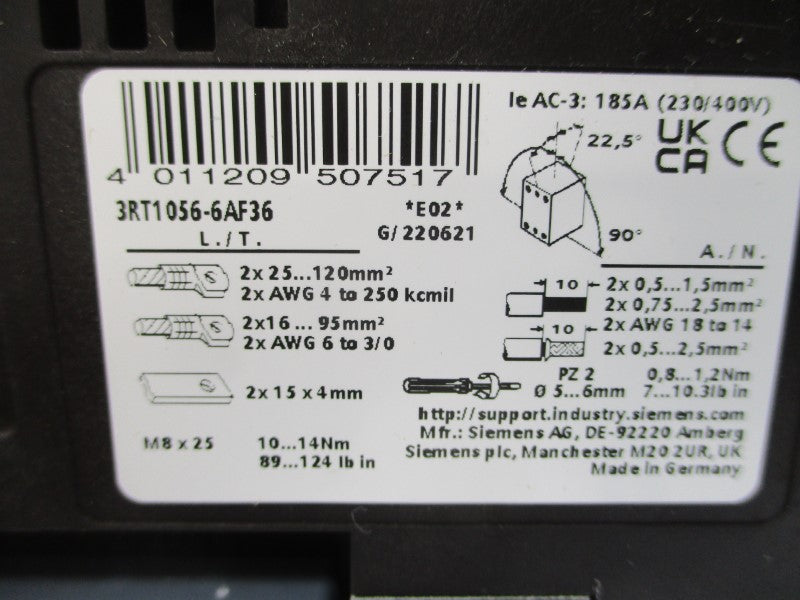 SIEMENS 3RT1056-6AF36 110-127V 185A NSMP