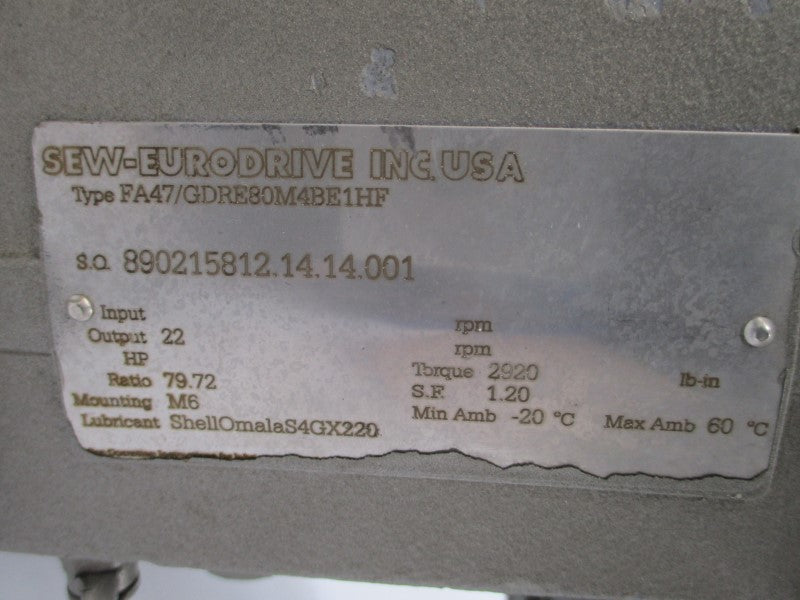 SEW-EURODRIVE FA47/GDRE80M4BE1HF 230/460V 2.90/1.44A NSNP