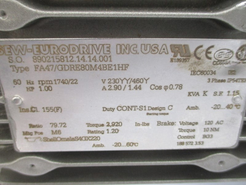 SEW-EURODRIVE FA47/GDRE80M4BE1HF 230/460V 2.90/1.44A NSNP