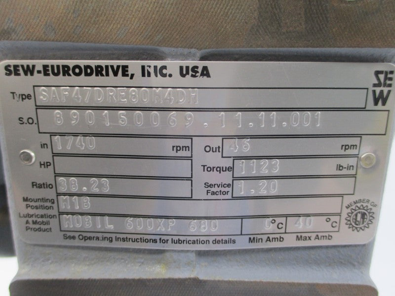 SEW-EURODRIVE SAF47DRE80M4DH 230/460V 2.90/1.44A NSNP