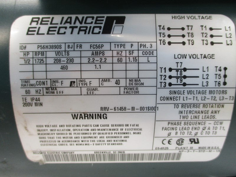 RELIANCE ELECTRIC P56H3890S 208-230/460V 2.2-2.2/1.1A NSNP