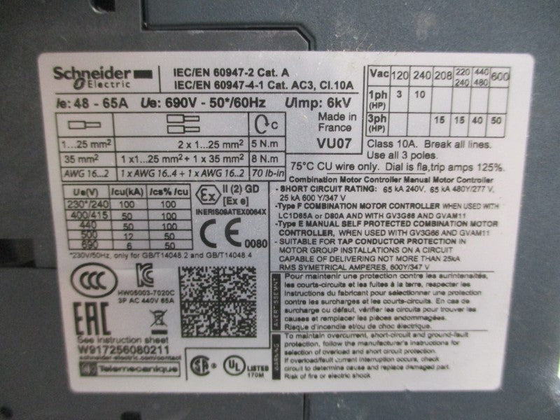 SCHNEIDER ELECTRIC GV3P65 690V 48-65A UNMP