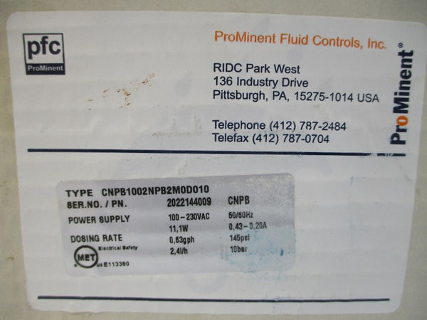 PROMINENT FLUID CONTROLS CNPB1002NPB2M0D010 100-230VAC 0.43-0.20A 145PSI NSMP